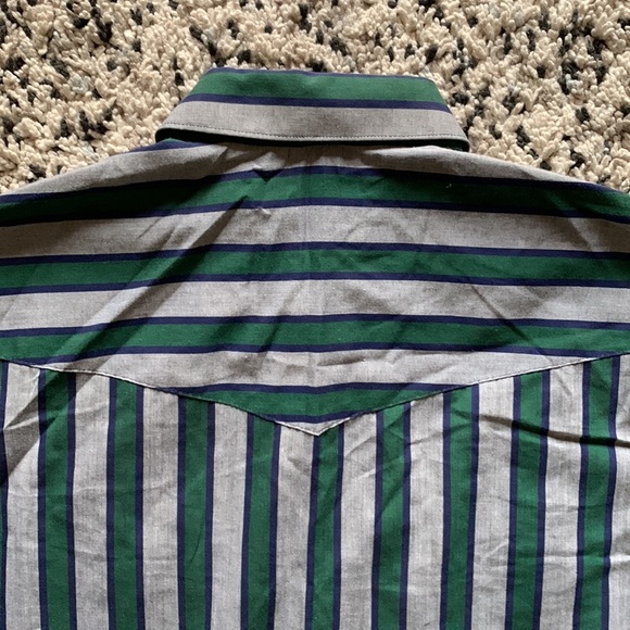 Vintage Wrangler Long Tail Mens Snap Button Western Grey Green Blue Stripe Shirt - Picture 11 of 13